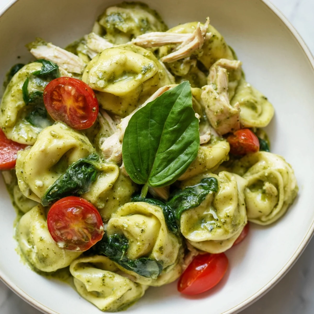 A close-up of Creamy Pesto Tortellini Skillet shows creamy pesto sauce clinging to pasta and rotisserie chicken.