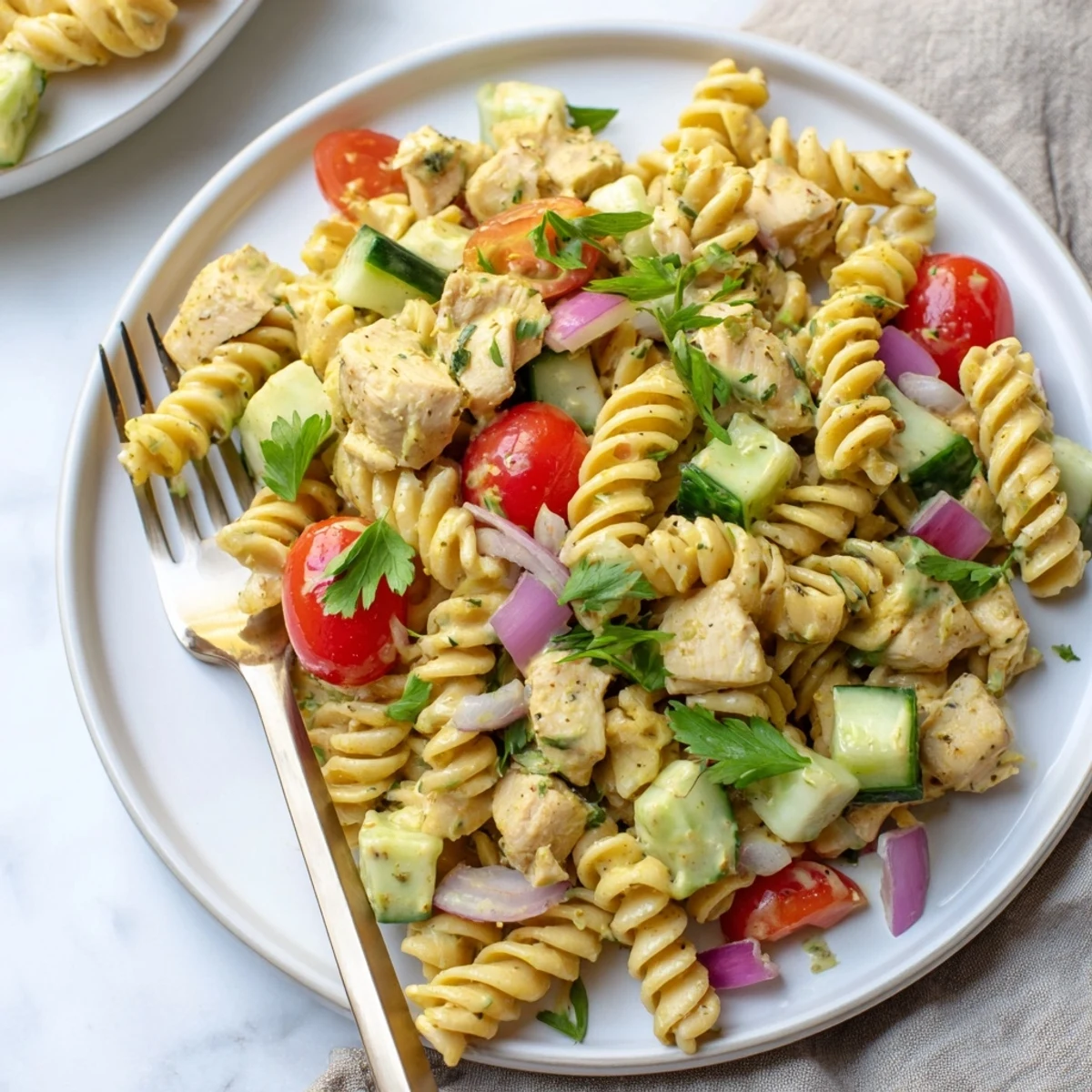 Tender chicken and al dente spiral pasta tossed in a zesty honey mustard dressing with crisp veggies. 