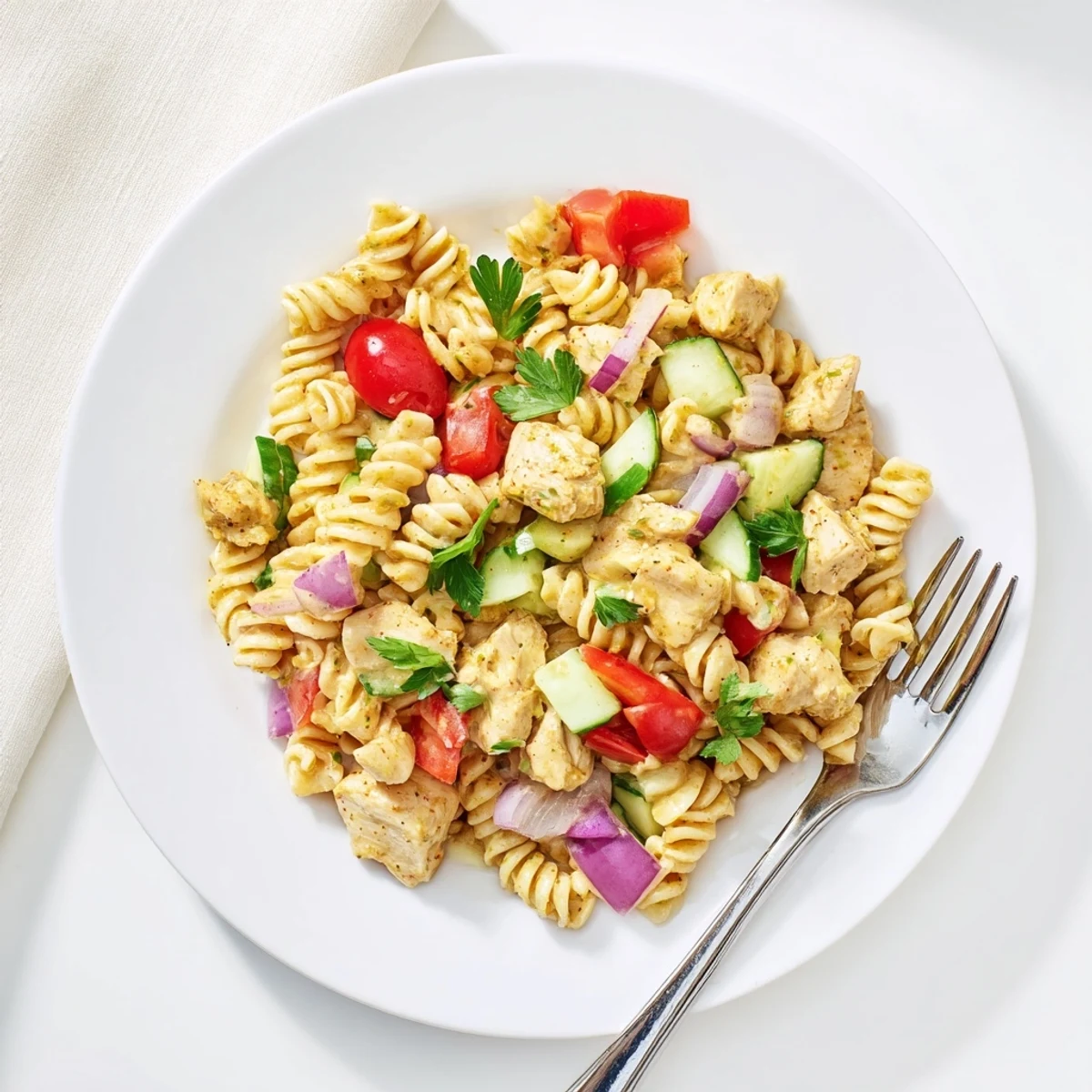 Colorful honey mustard chicken pasta salad with cherry tomatoes, cucumbers, and red bell pepper on a plate. 