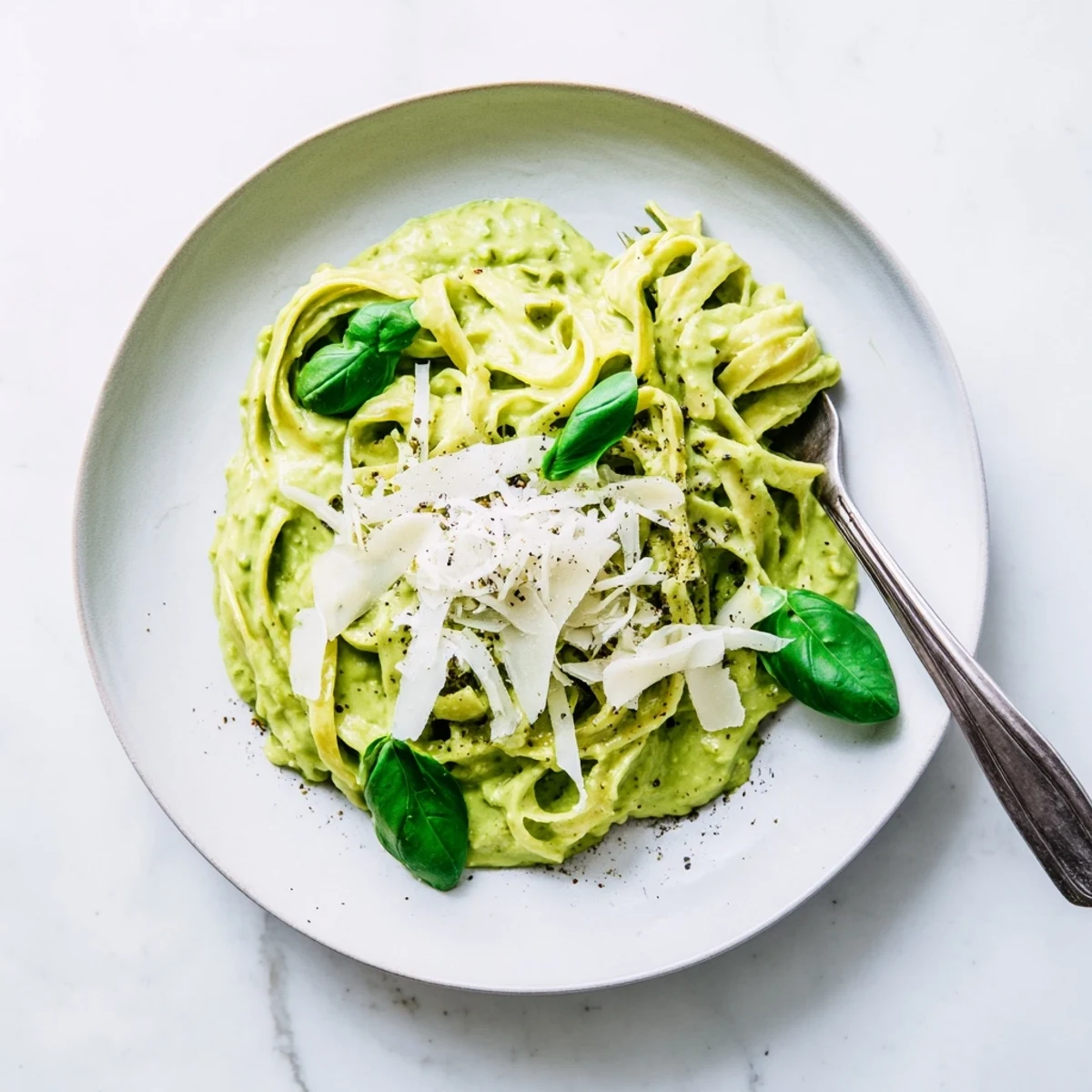 A close-up of Creamy Green Pea Alfredo in a white bowl, showcasing glossy pasta coated in vibrant green sauce.