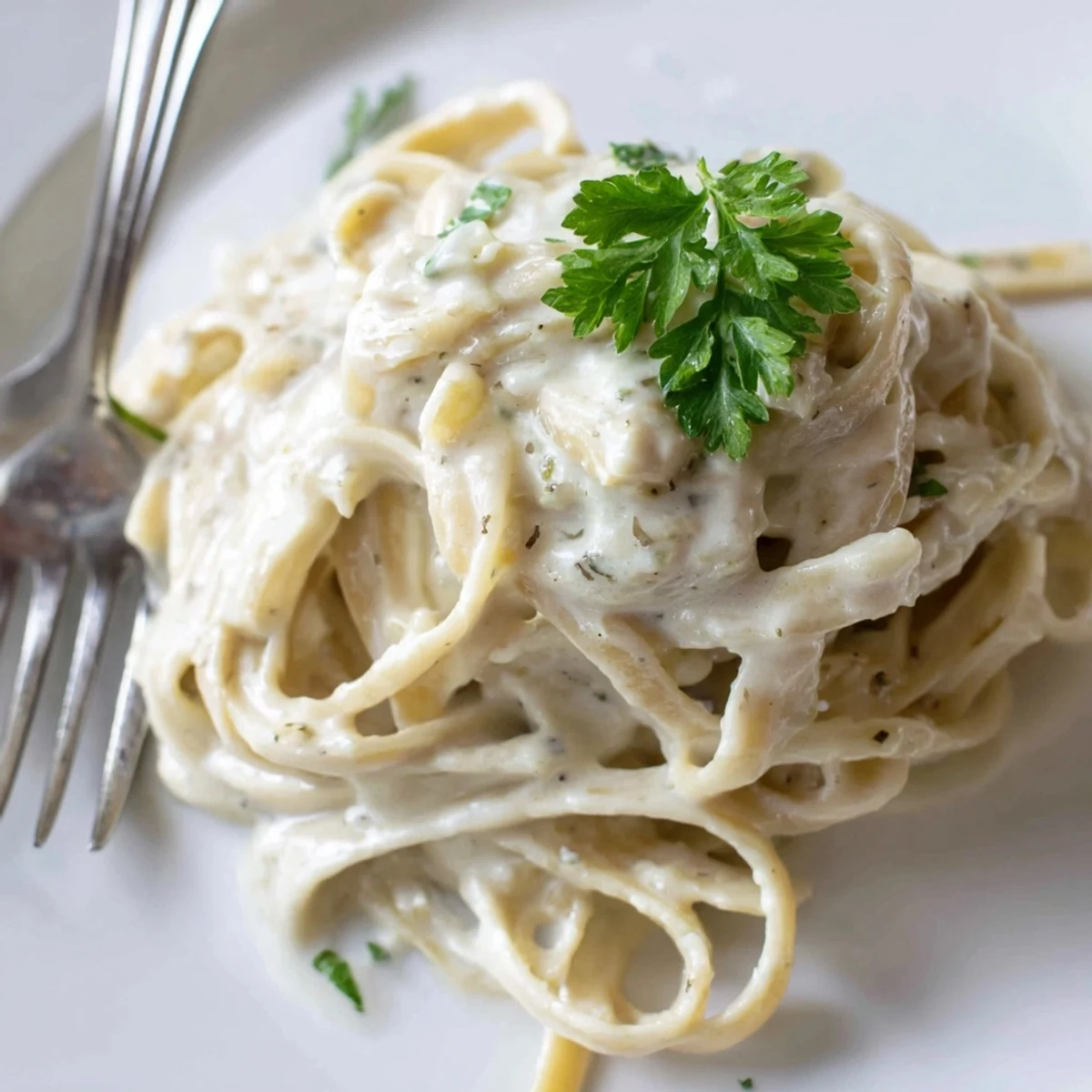 Easy Creamy Cauliflower Alfredo served in a rustic bowl, extra Parmesan and chopped parsley sprinkled on top.