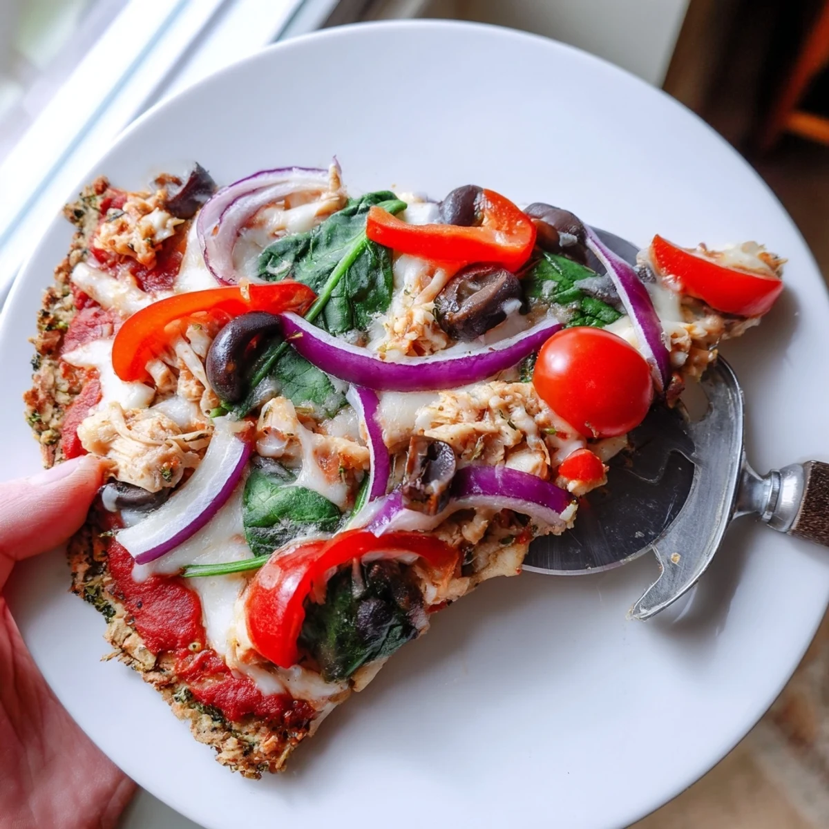 Golden brown Broccoli Chicken Crust Pizza with melted mozzarella and fresh spinach slices.
