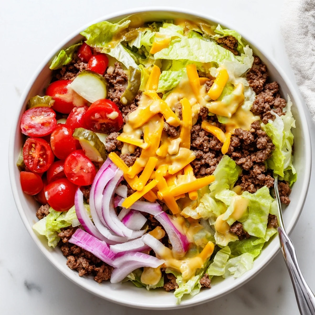A vibrant bowl of Easy Big Mac in a Bowl features seasoned ground beef, crisp lettuce, and a drizzle of tangy special sauce.  