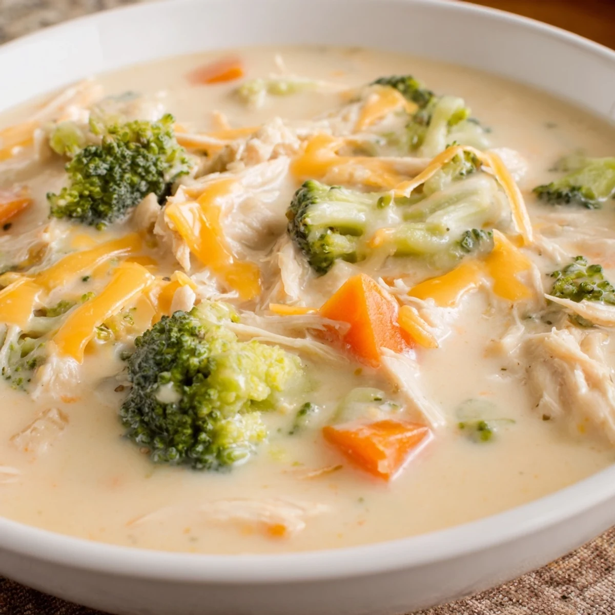A steaming bowl of Chicken Broccoli Cheddar Soup garnished with fresh parsley and extra cheese.