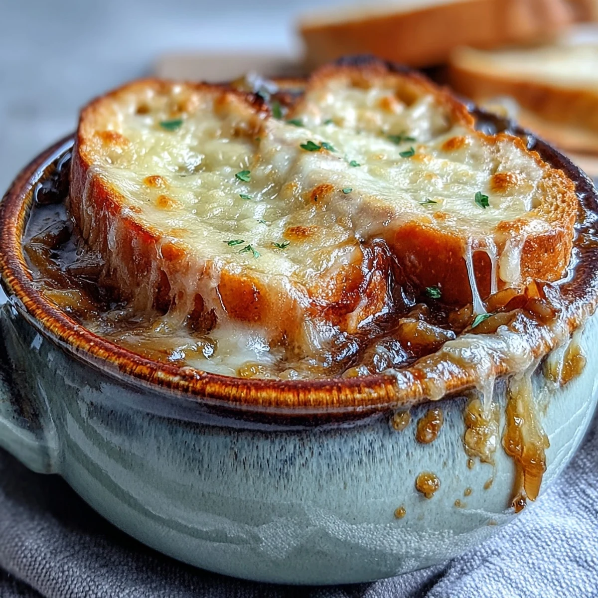 Golden, bubbly Gruyère cheese melts over a toasted baguette slice in a bowl of Classic French Onion Soup.