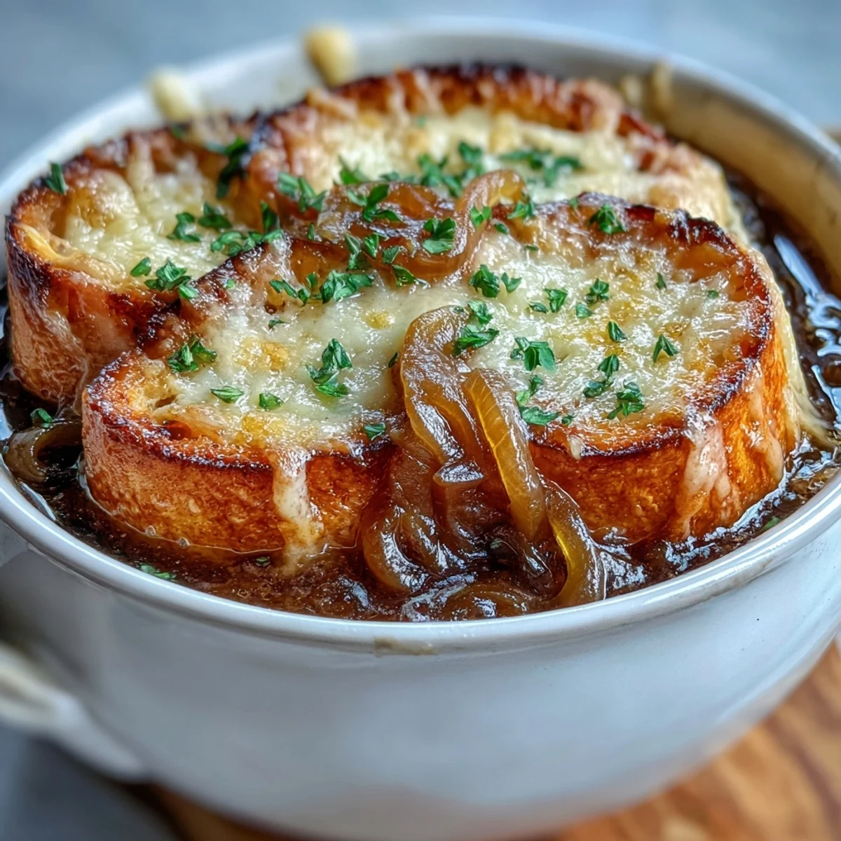 A rustic bowl of Classic French Onion Soup garnished with thyme, ready to be served with white wine.