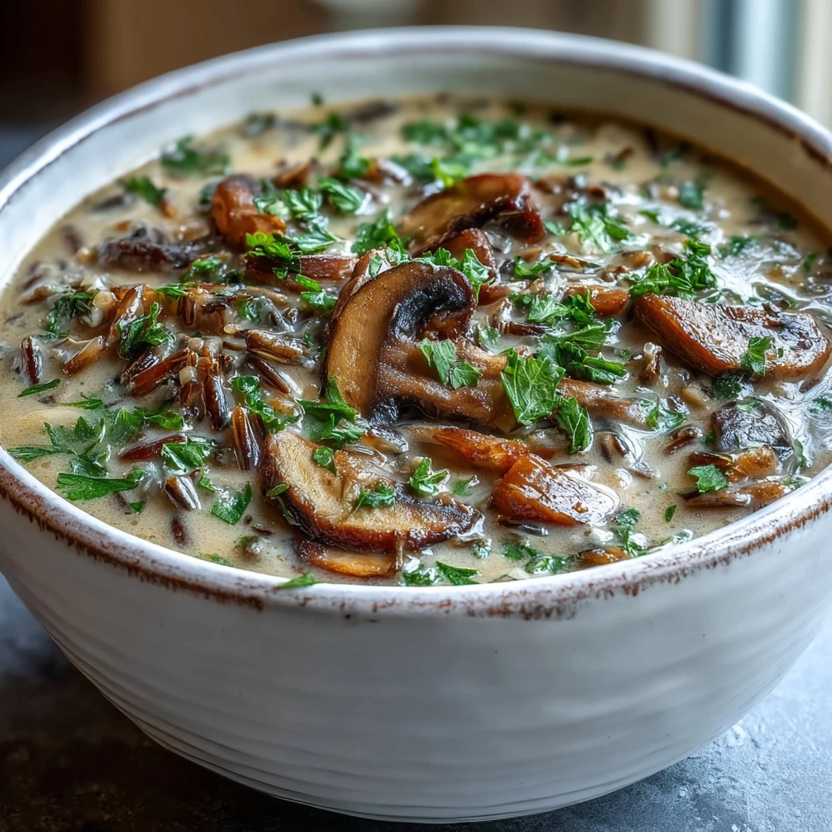 A rustic pot of Wild Rice Mushroom Soup with visible pieces of earthy mushrooms and wild rice in a rich broth.
