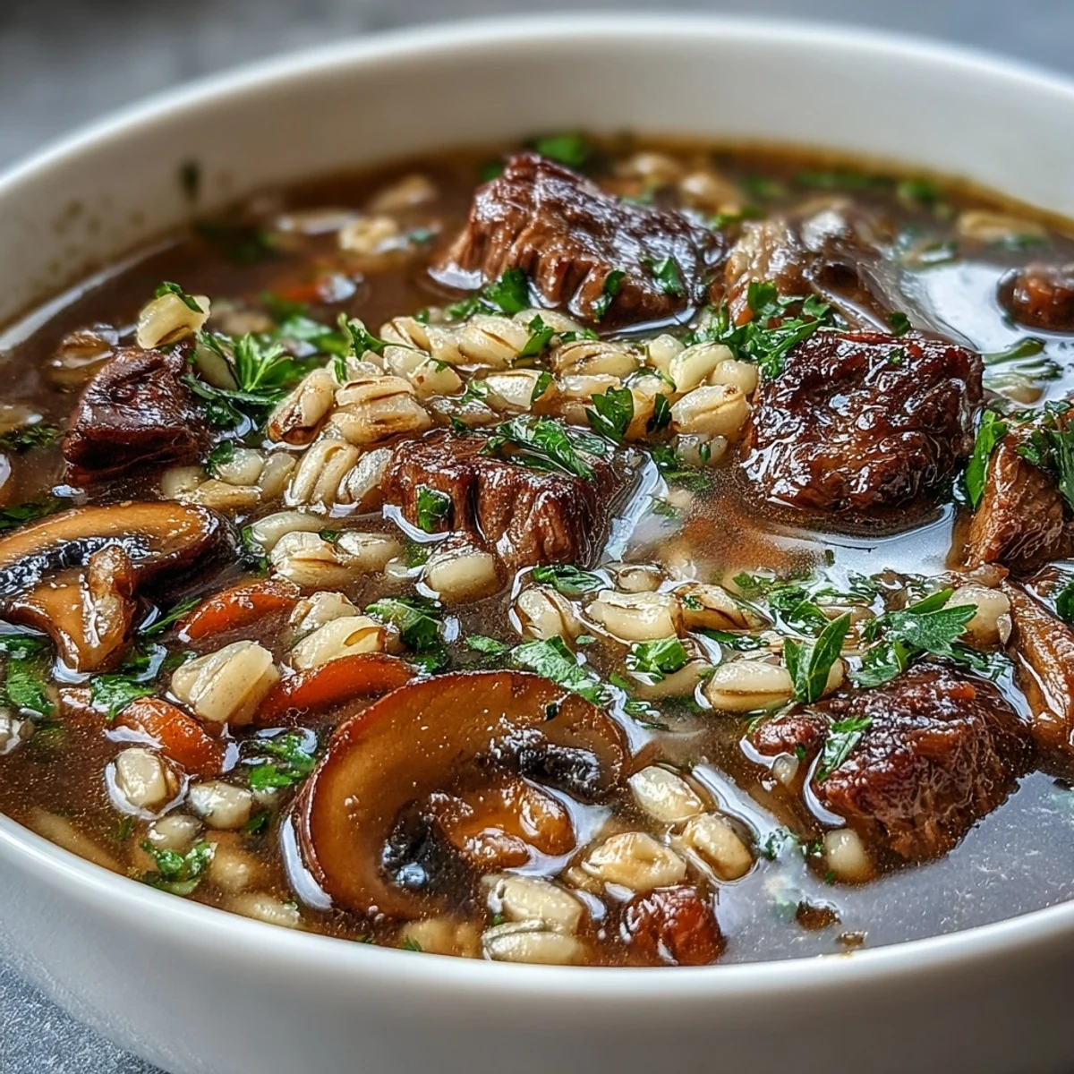 A bowl of hearty Beef and Barley Soup with Mushrooms, featuring tender beef and chopped parsley garnish.
