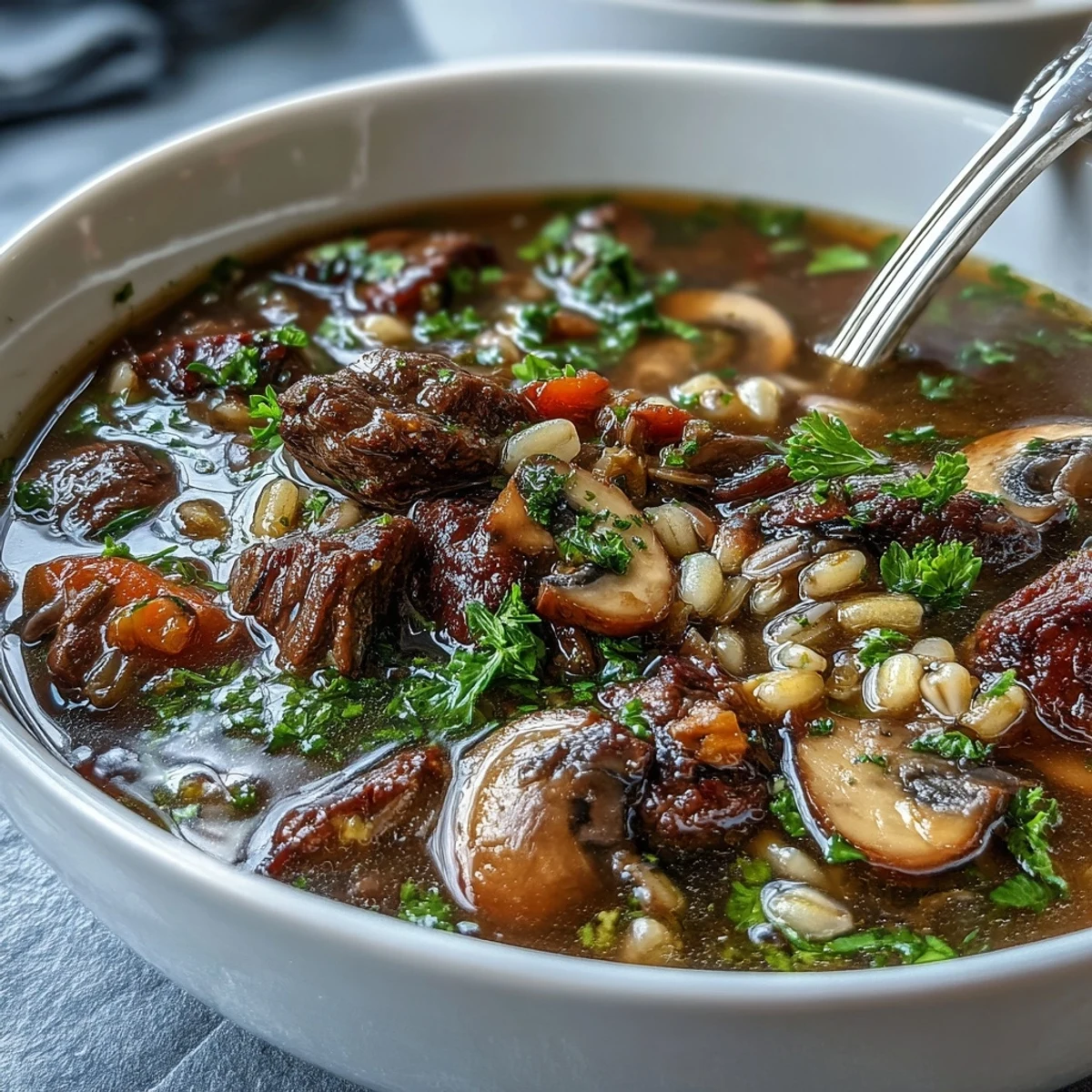 Close-up of Beef and Barley Soup with Mushrooms in a rustic bowl, served with crusty bread for dipping.