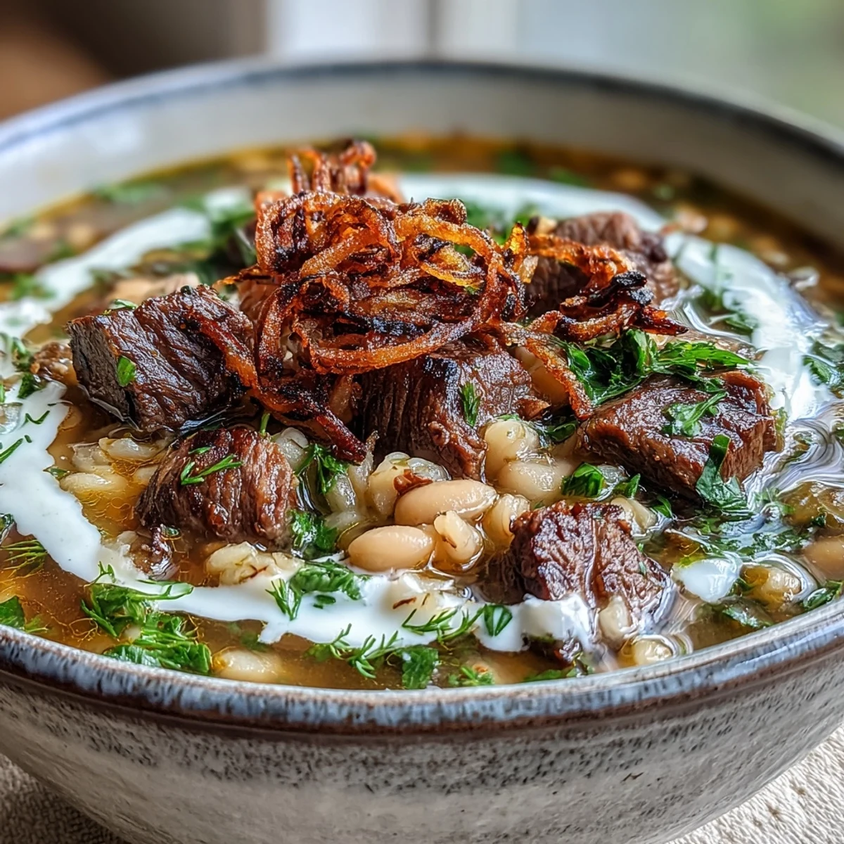 Steaming bowl of Beef Barley Soup topped with golden mint-fried onions and a swirl of sour cream.