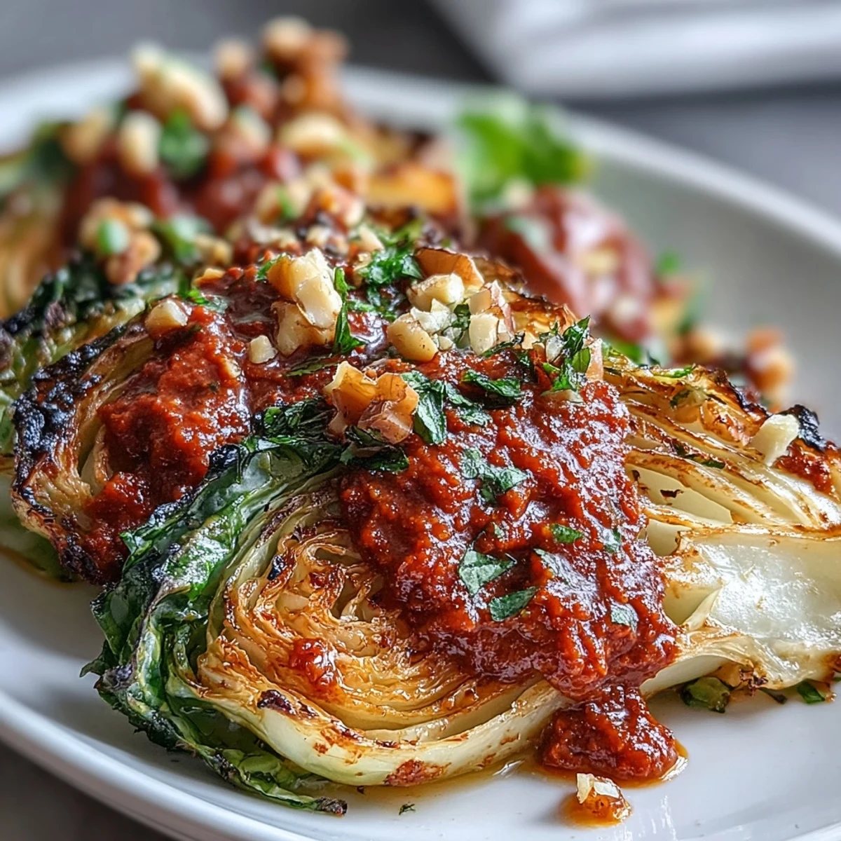 Crunchy roasted cabbage wedges drizzled with bold nutty Winter Romesco sauce for a cozy vegetarian main dish.