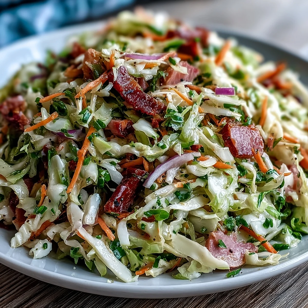Freshly tossed German Cabbage Coleslaw with Shredded Ham, showcasing crisp green and red cabbage ribbons mingled with savory smoked ham pieces.  