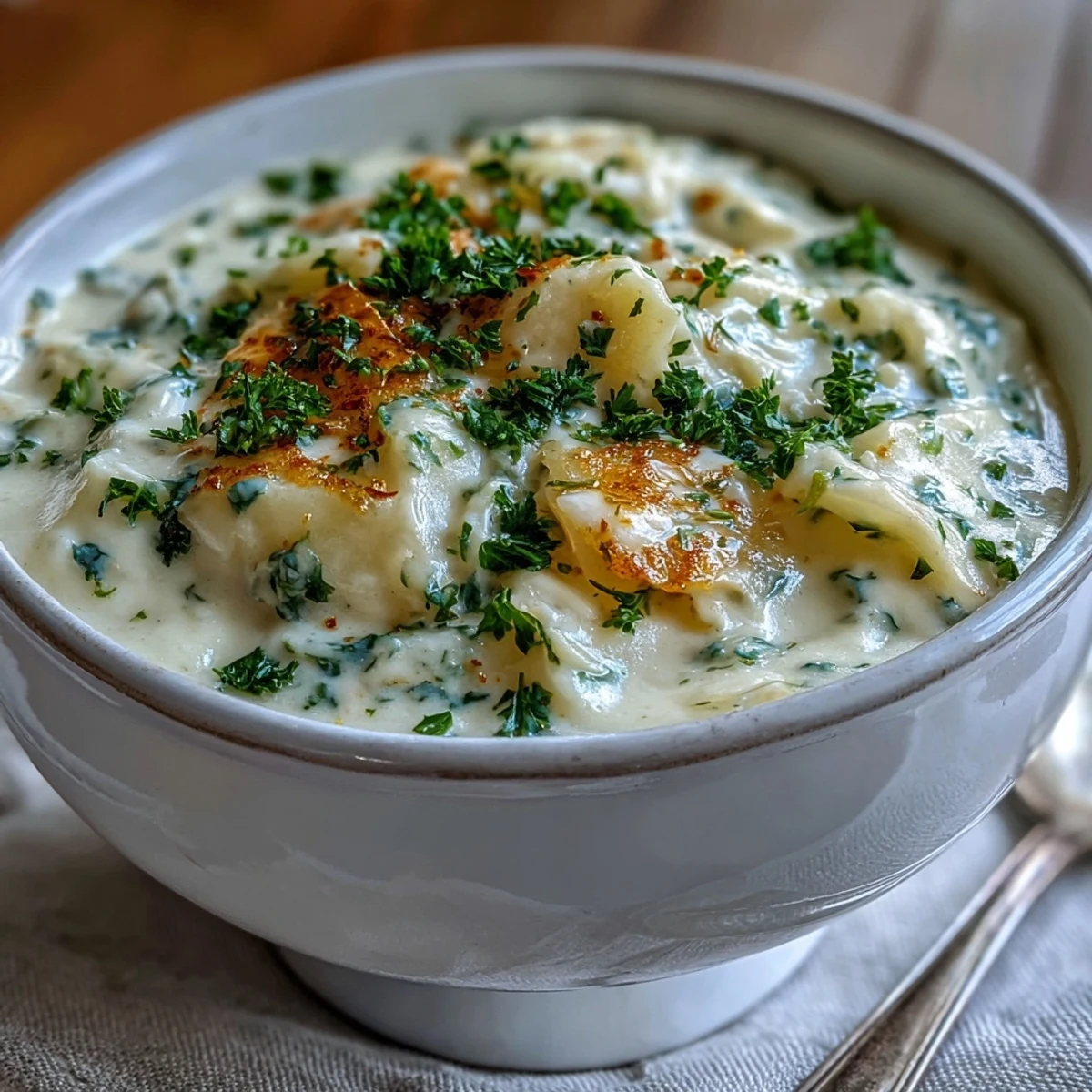 Creamy Potato Soup with Cabbage in a rustic bowl topped with fresh parsley and served beside crusty bread.