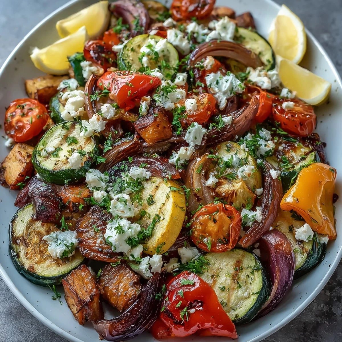Freshly baked Mediterranean Greek vegetables with juicy cherry tomatoes and Kalamata olives, perfect as a gluten-free vegetarian dinner side.