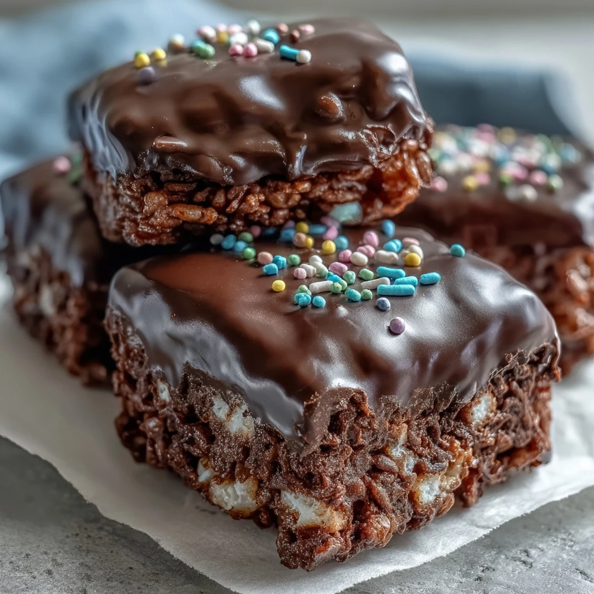 A single bar of Chocolate Covered Rice Krispy Treats is perfectly sliced, highlighting the gooey marshmallow base and thick dark chocolate shell for an easy homemade dessert.