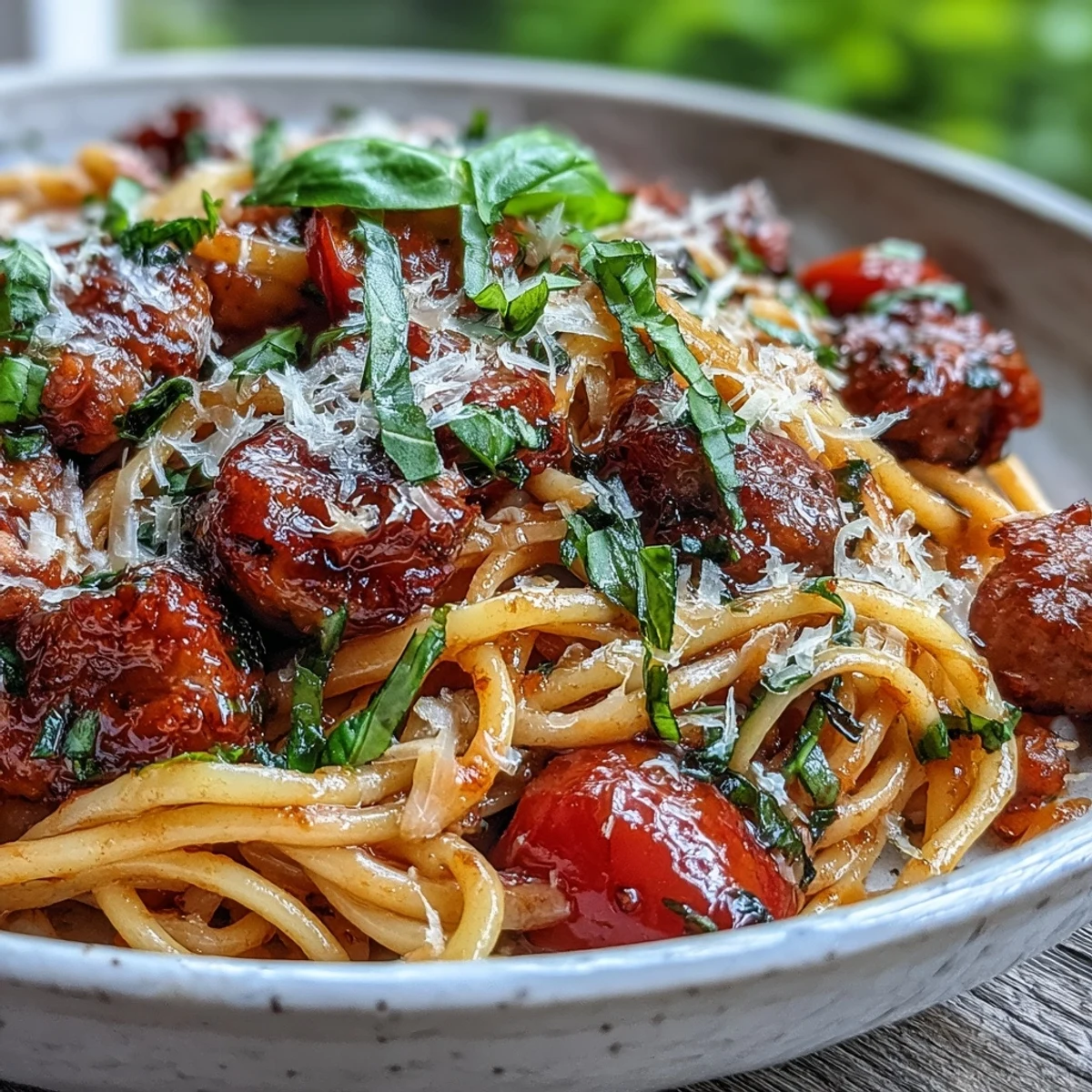 Italian Drunken Noodles tossed with spicy sausage, sweet cherry tomatoes, and fresh basil in a rich Chianti tomato sauce.