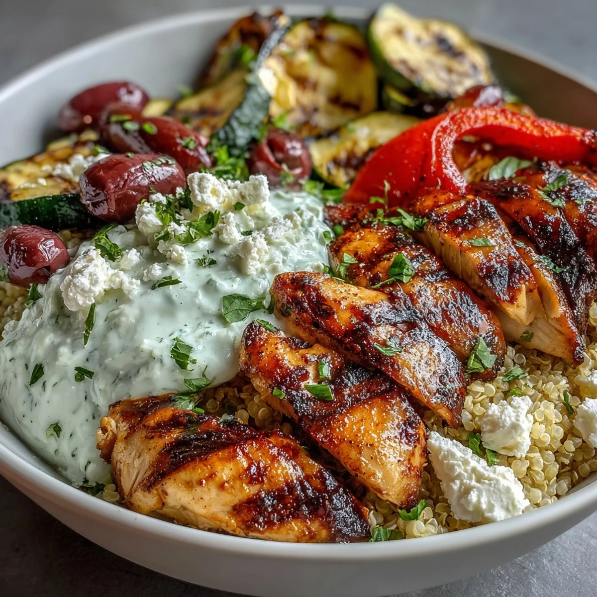 Overhead view of a healthy Mediterranean bowl featuring marinated chicken, charred bell peppers, and quinoa, ready to enjoy for dinner.