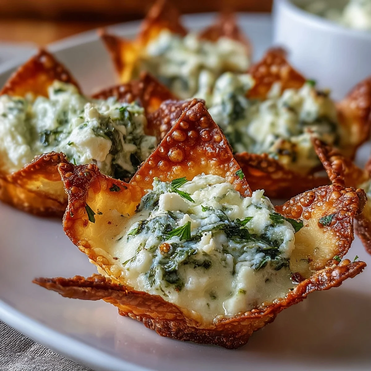 Golden Mediterranean spinach and feta crisps baked in wonton cups garnished with parsley. 