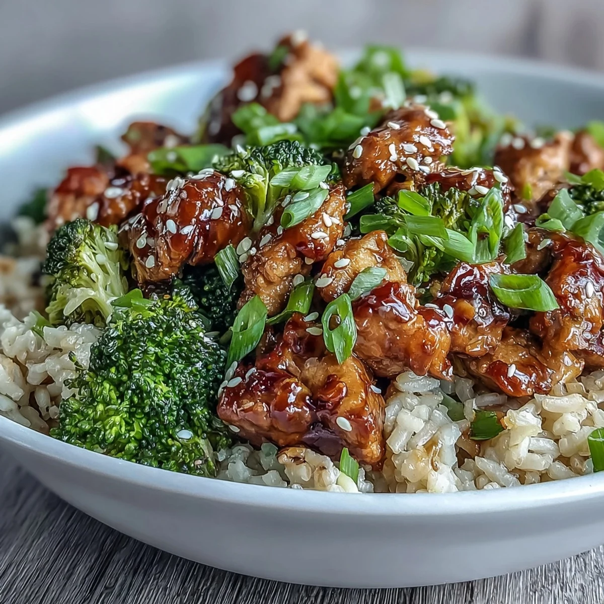 Overhead shot of Sweet and Spicy Turkey Broccoli Bowls with saucy ground turkey, tender broccoli, and sesame seeds on fluffy brown rice.