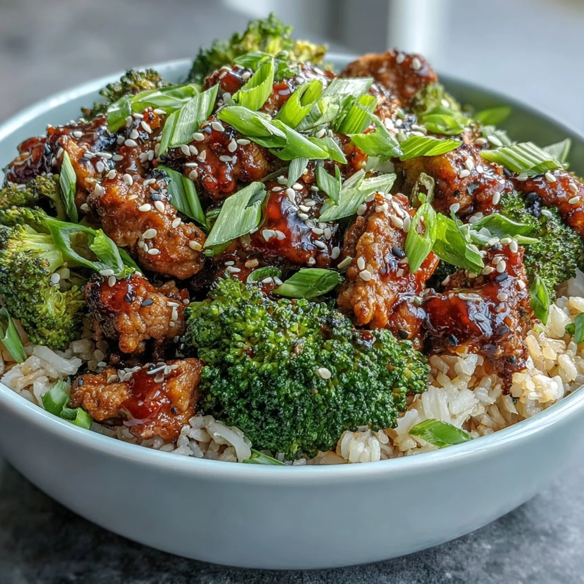 A close-up of Sweet and Spicy Turkey Broccoli Bowls shows glazed turkey, steamed broccoli, and brown rice topped with green onions.