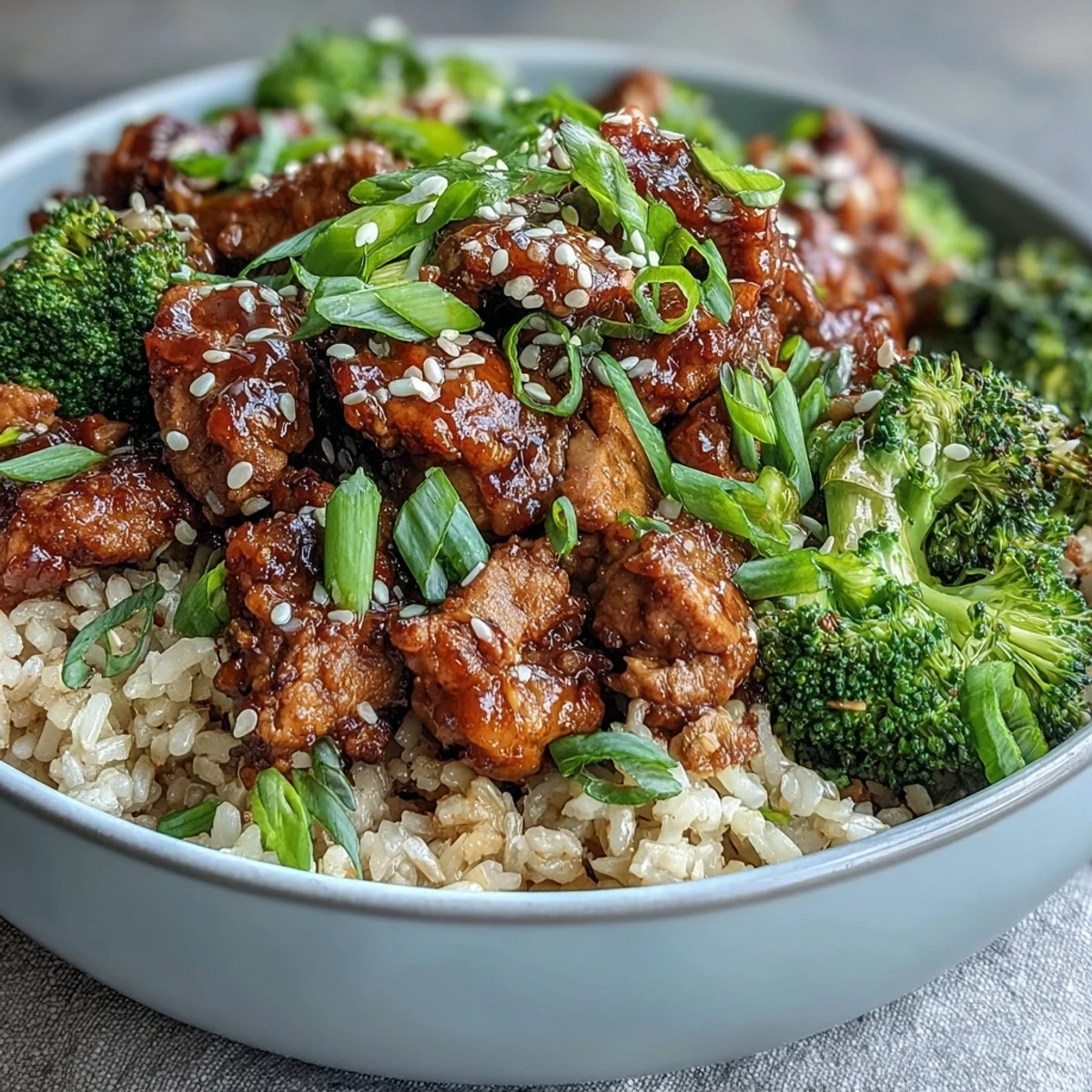 A serving of Sweet and Spicy Turkey Broccoli Bowls with chopsticks lifting saucy turkey over broccoli, rice, and fresh green onion.