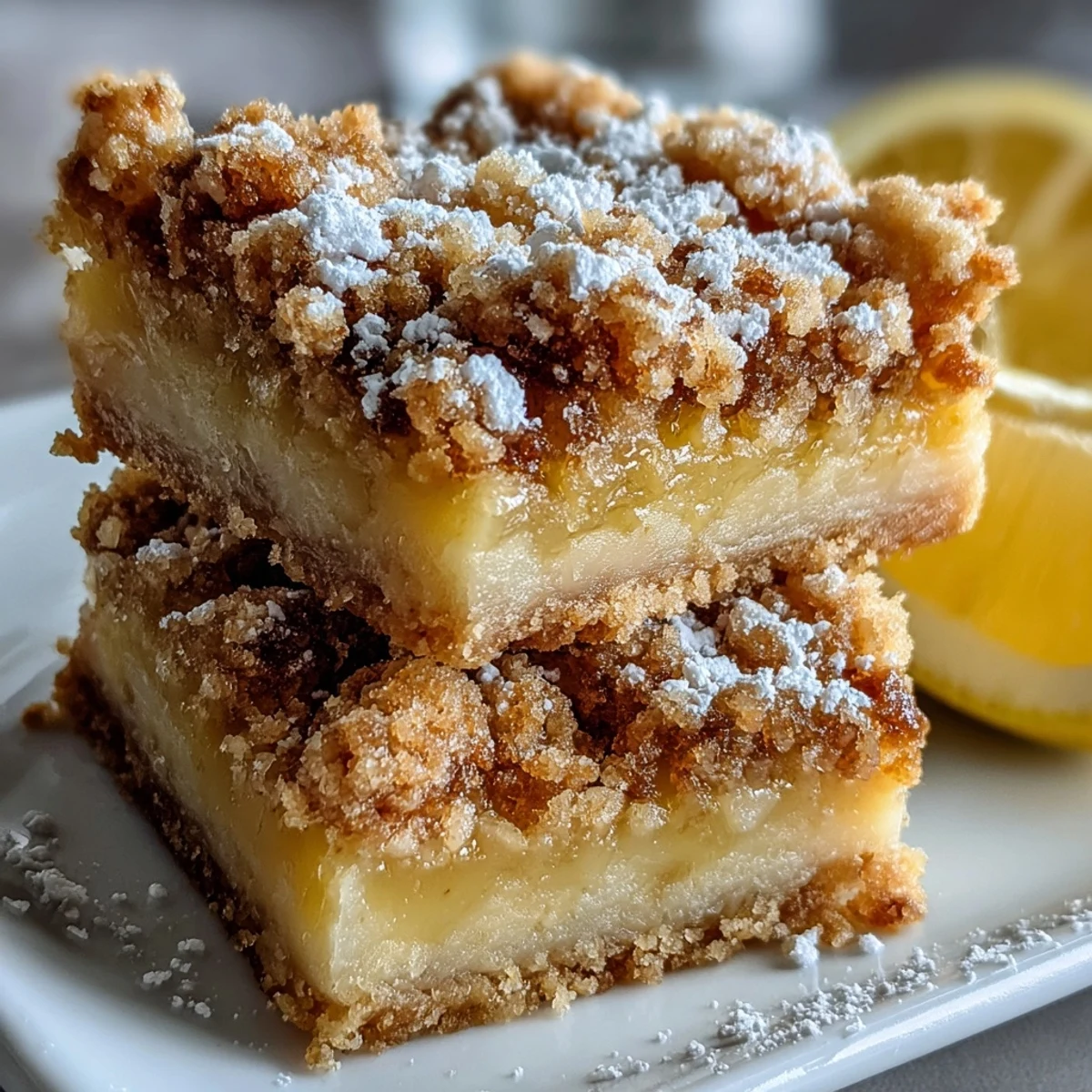 Freshly baked Homemade Lemon Crumb Bars featuring a bright, tangy lemon filling on a buttery crust.