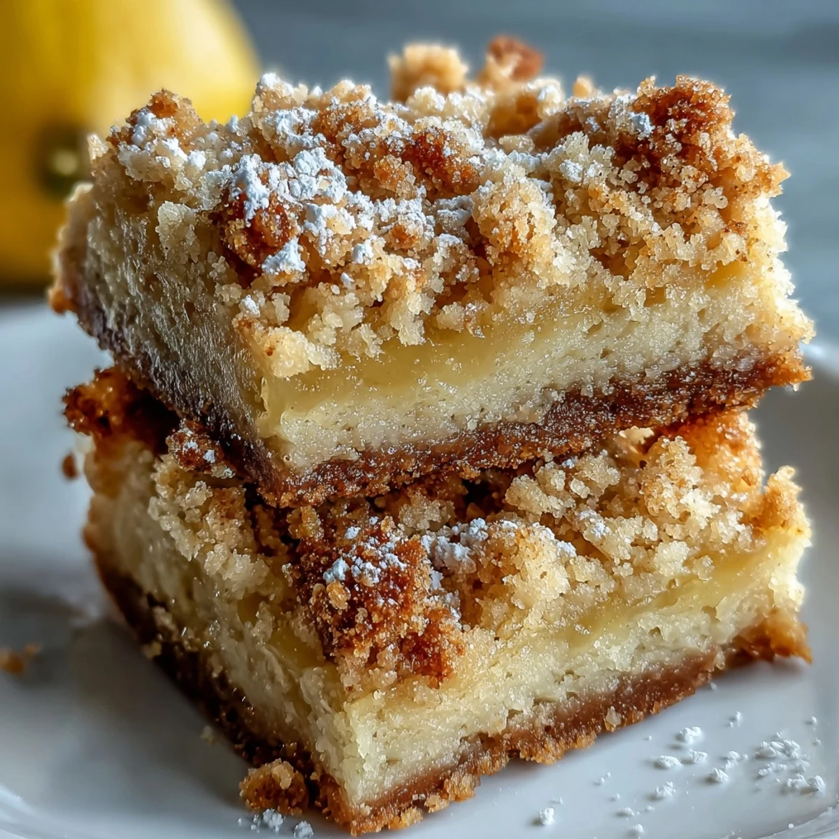 Overhead view of golden Homemade Lemon Crumb Bars with a sweet crumble topping and citrus zest.