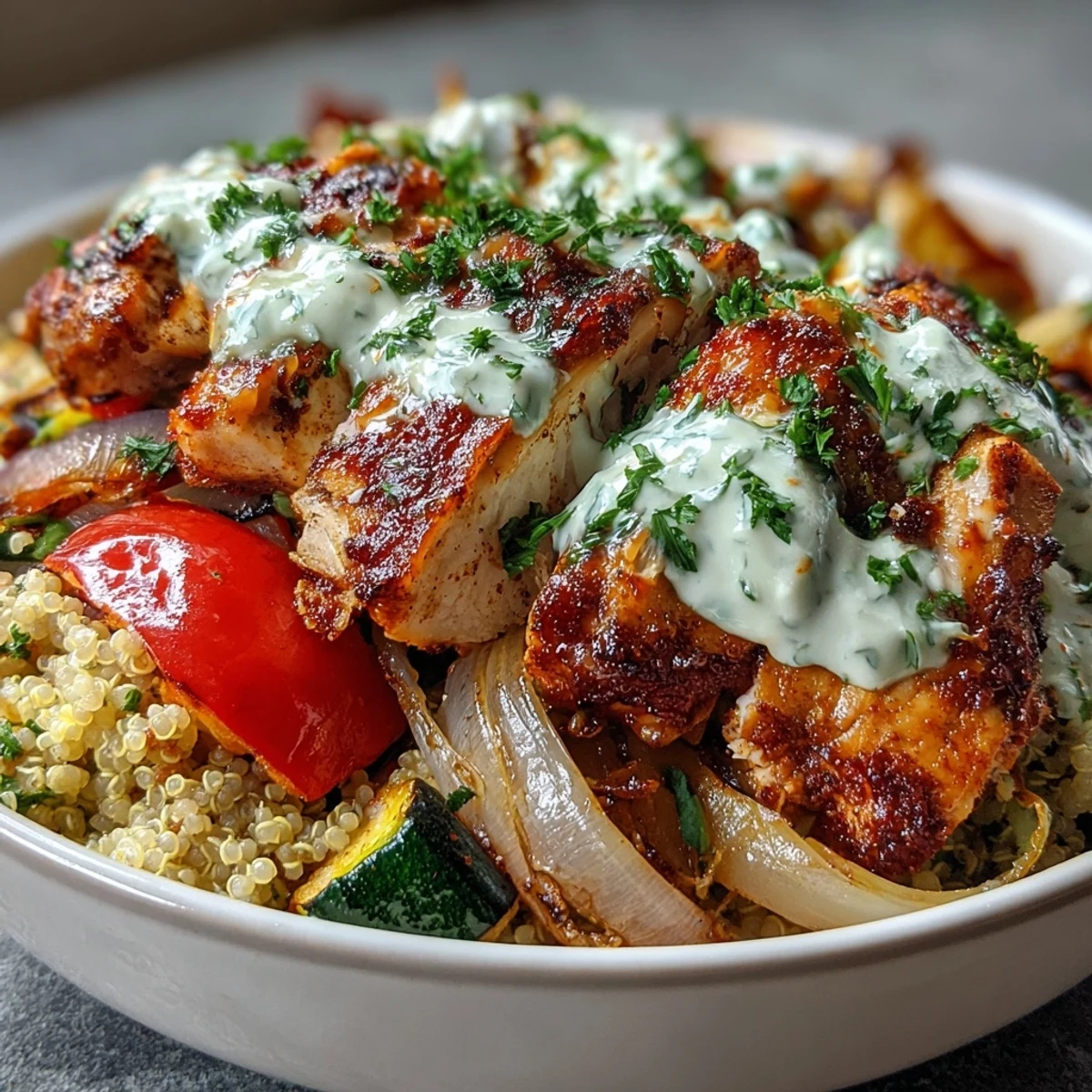 Juicy paprika herb chicken quinoa bowl loaded with caramelized roasted vegetables