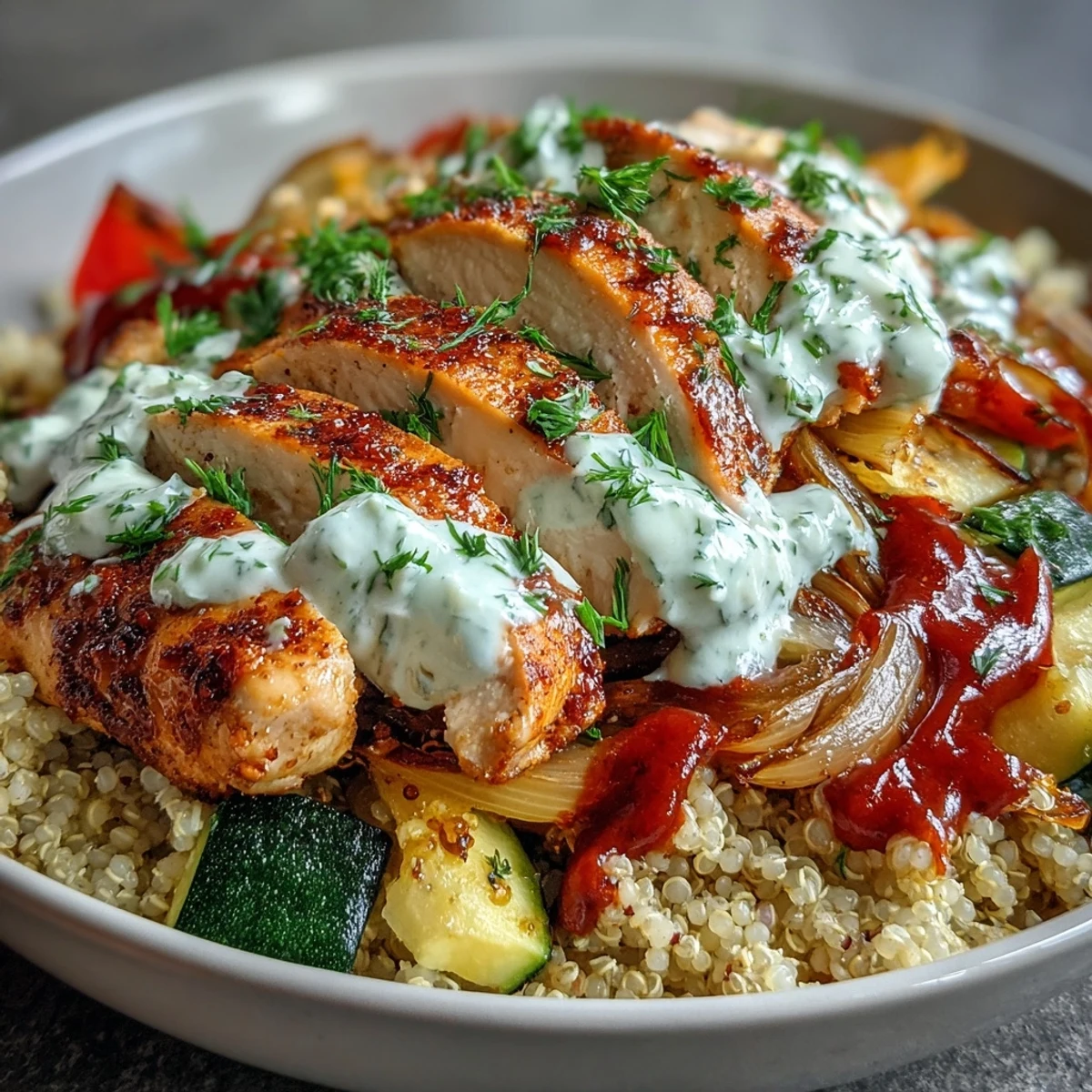 Paprika herb chicken roasted vegetable quinoa bowl garnished with lemon wedges
