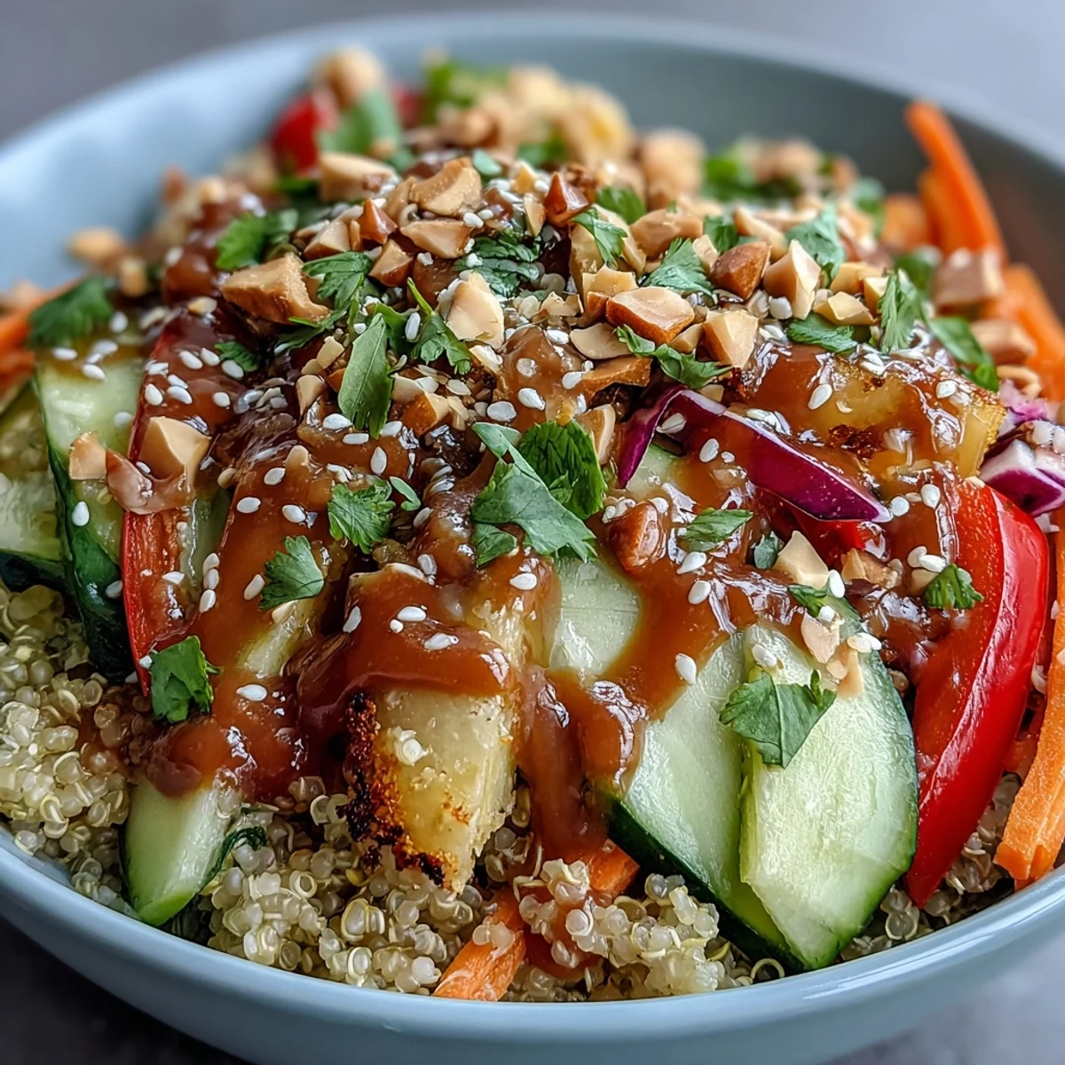 A nourishing Thai Coconut Quinoa Bowl featuring fluffy quinoa in coconut milk, crunchy vegetables, and a zesty peanut-lime dressing, perfect for an easy weeknight dinner.