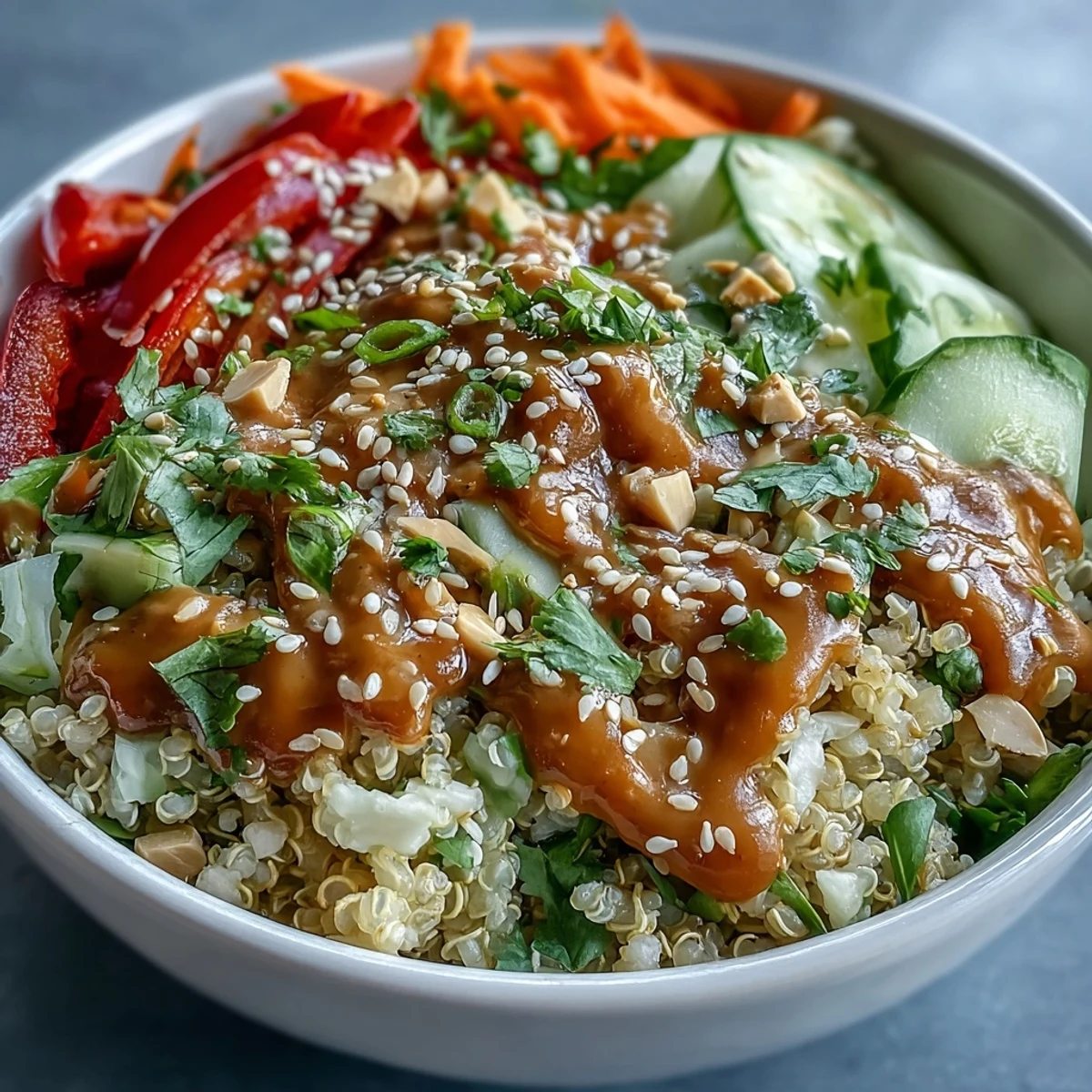 Vibrant Thai Coconut Quinoa Bowl with purple cabbage, cucumber, edamame, and sesame seeds, served in a ceramic bowl for a healthy, gluten-free meal.