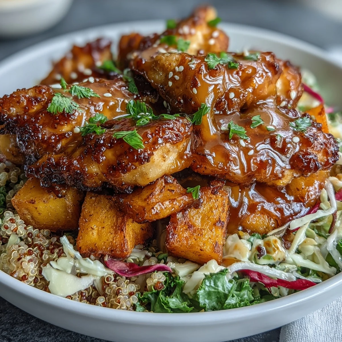 Vibrant Hot Honey Chicken Bowl with spiced chicken, caramelized sweet potatoes, and fluffy quinoa topped with tangy dressing.