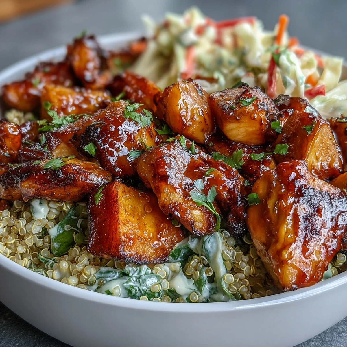 Nourishing Hot Honey Chicken Bowl served with quinoa, tender chicken, and vibrant veggies, perfect for a healthy weeknight meal.