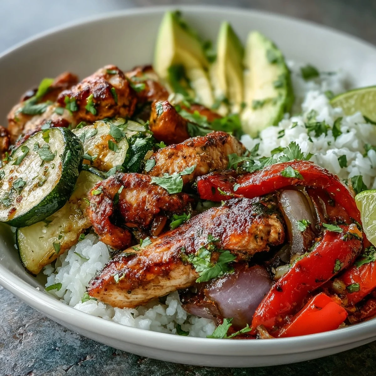 Sheet Pan Fajita Bowl: Roasted chicken, peppers, and onions served over a bed of seasoned cauliflower rice.