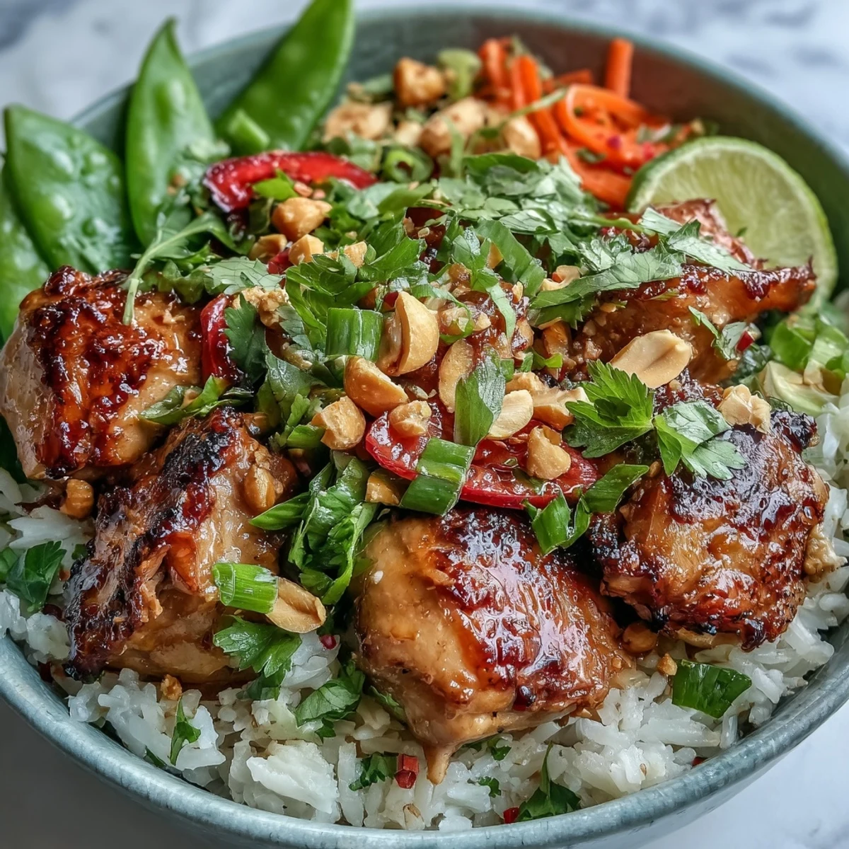 Golden coconut rice topped with tender Thai chicken, crisp red bell pepper, and sugar snap peas in a vibrant bowl.