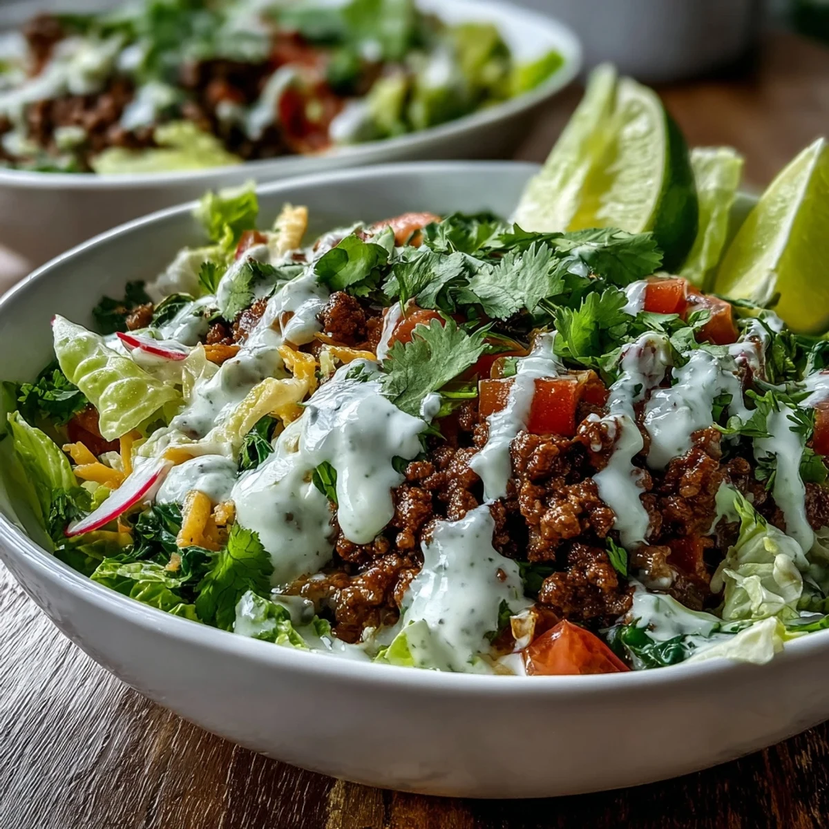 Colorful healthy taco bowl with spiced beef, crisp lettuce, and creamy lime drizzle served in a white bowl.