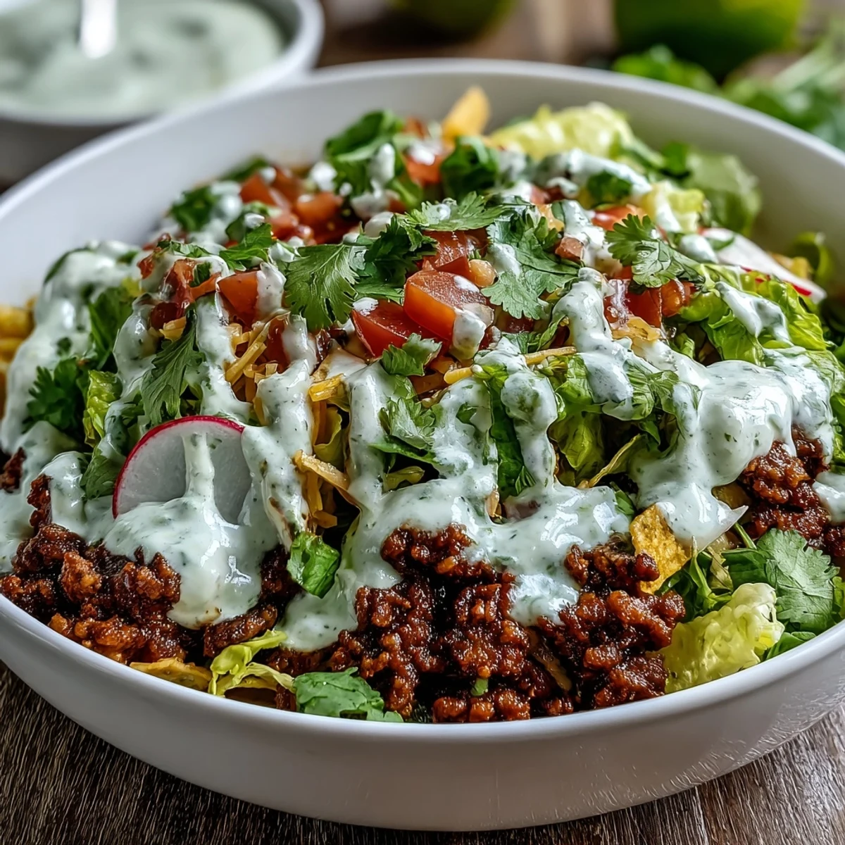 Healthy taco bowl featuring seasoned ground beef, fresh radishes, cilantro, and zesty yogurt crema ready to eat.