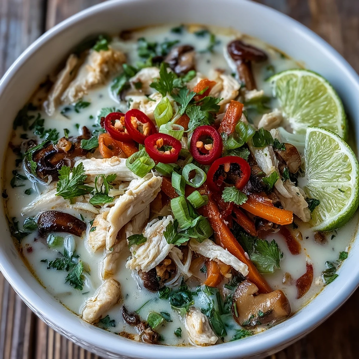 Thai Coconut Curry Soup Bowl with tender chicken, carrots, and mushrooms swimming in creamy, aromatic red curry coconut broth.