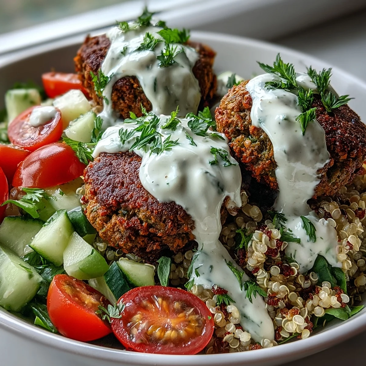 Vibrant falafel quinoa salad bowl topped with crisp vegetables and creamy Middle Eastern tahini.