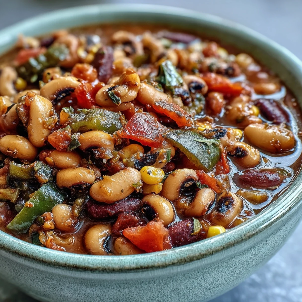 A steaming bowl of Black-Eyed Pea Chili topped with sour cream and cilantro served with cornbread.