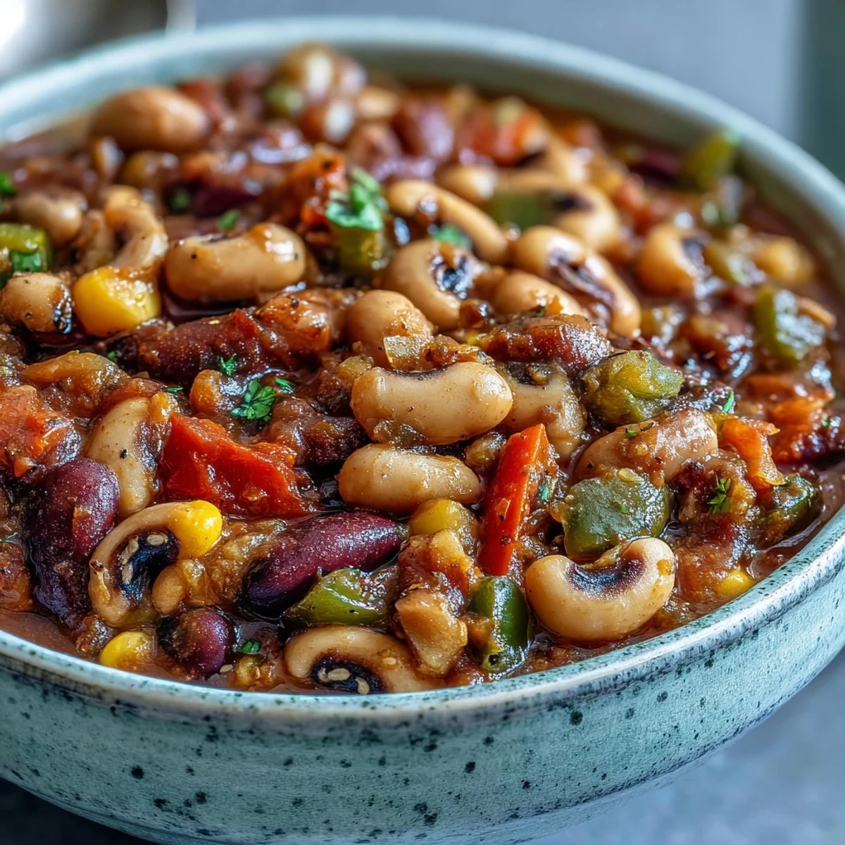 Colorful Black-Eyed Pea Chili with corn and bell peppers simmering in a rustic pot, ready to serve.