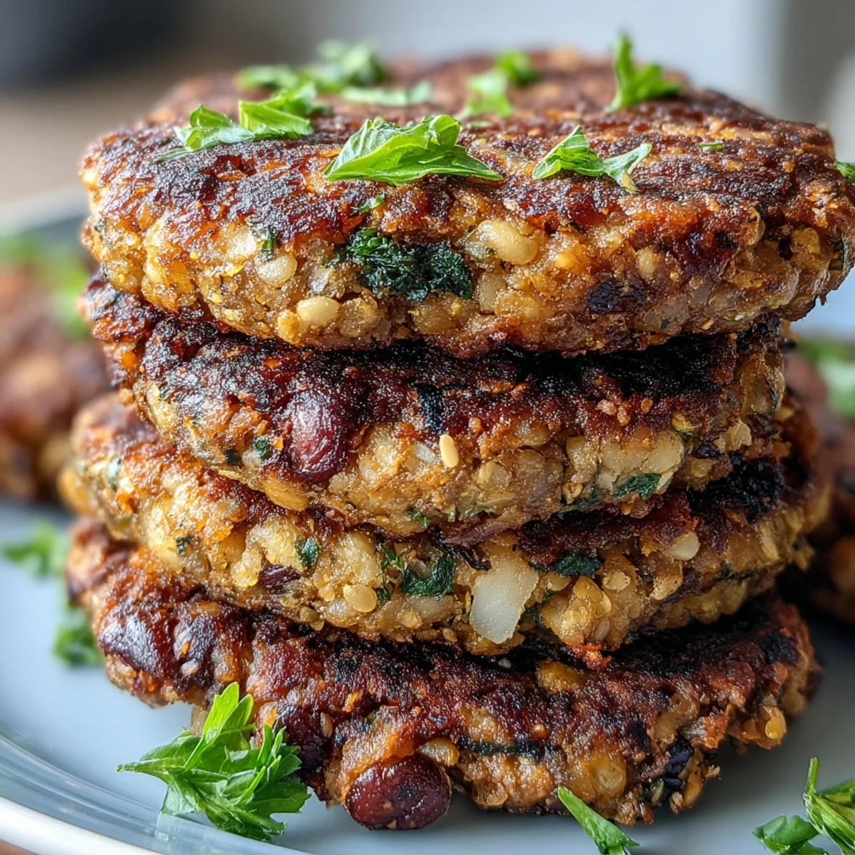 Crisp, pan-fried Black-Eyed Pea Burger Patties showing a hearty, spiced interior on a rustic plate.