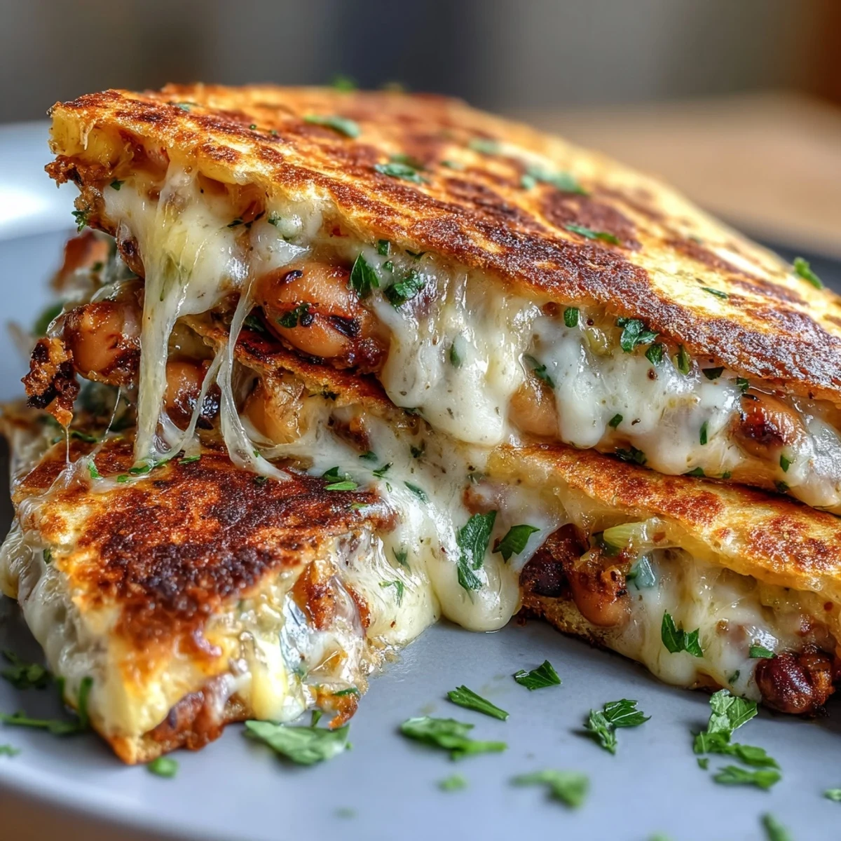 Golden-brown Black-Eyed Pea Quesadilla wedges are served with sour cream and salsa on a rustic plate.