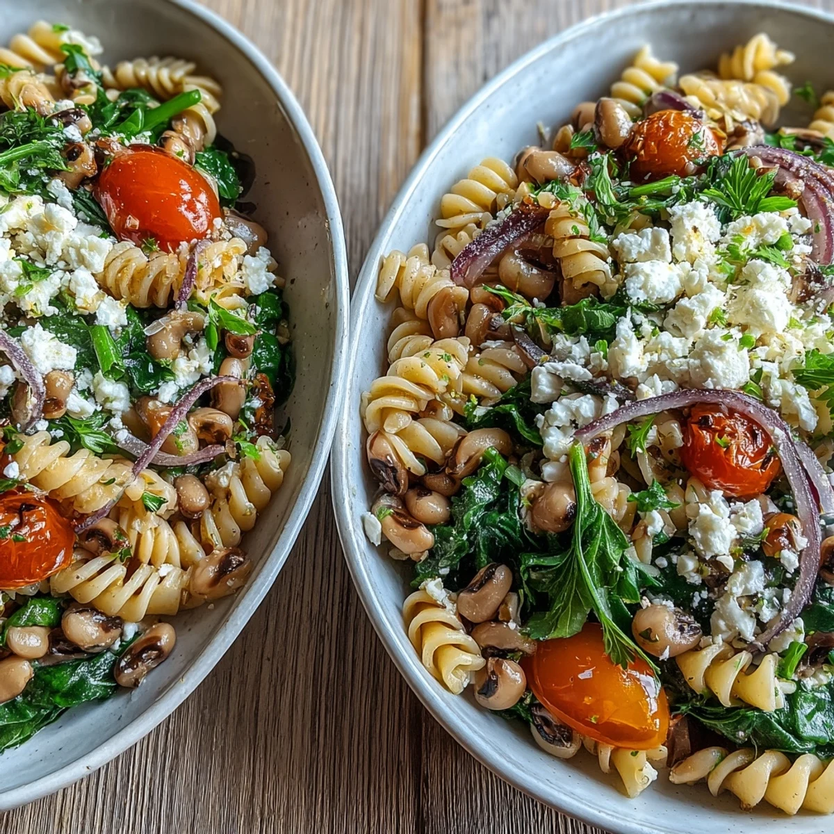 Fork-tender penne pasta tossed with black-eyed peas, cherry tomatoes, and fresh herbs in a skillet.
