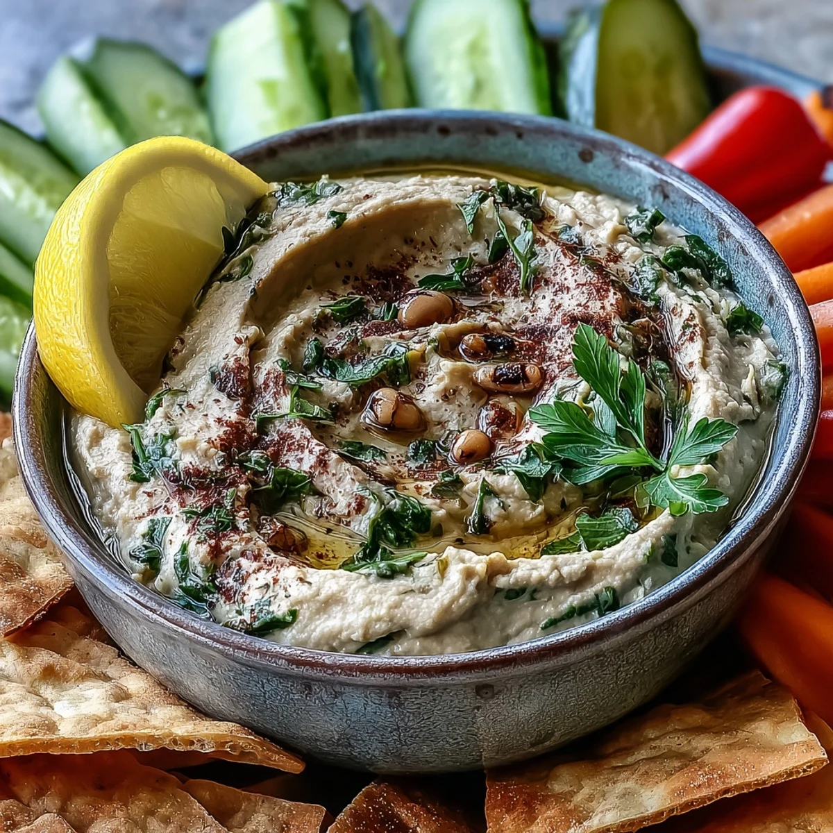 A bowl of creamy Black-Eyed Pea Hummus, garnished with olive oil, smoked paprika, and fresh parsley, served with pita bread.