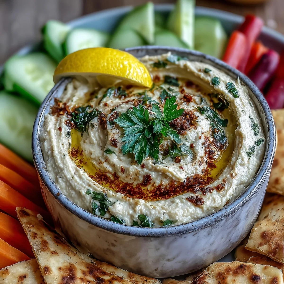 A fresh bowl of Black-Eyed Pea Hummus topped with chopped parsley and paprika, surrounded by colorful veggie sticks for dipping.