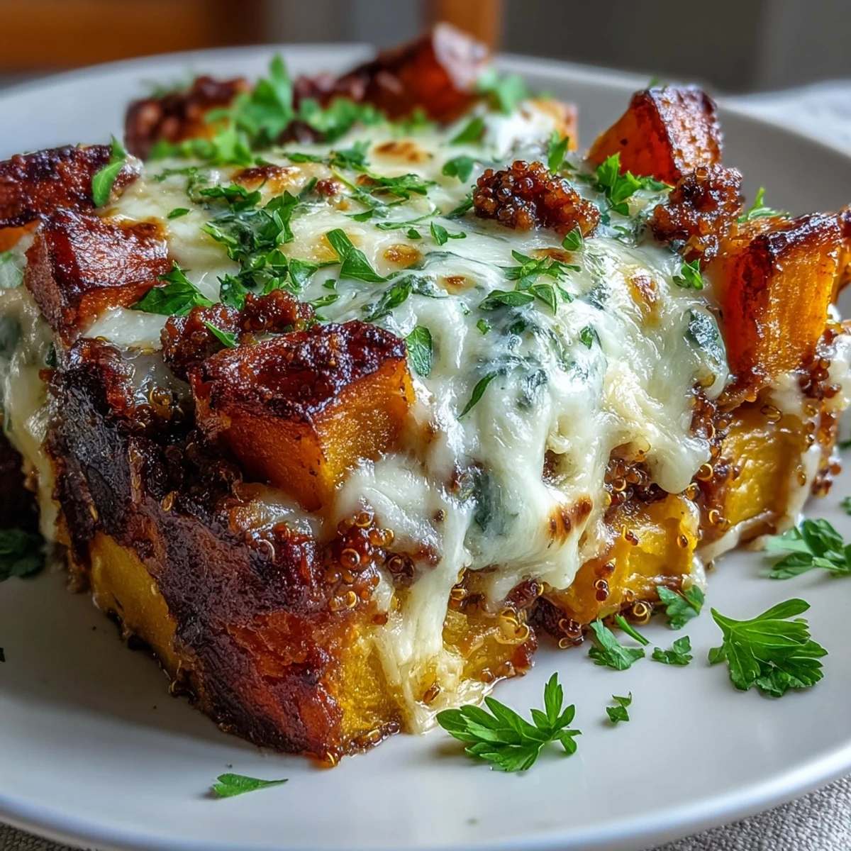 Golden brown Cozy Butternut Squash & Sausage Casserole with melted mozzarella, served hot from the oven.