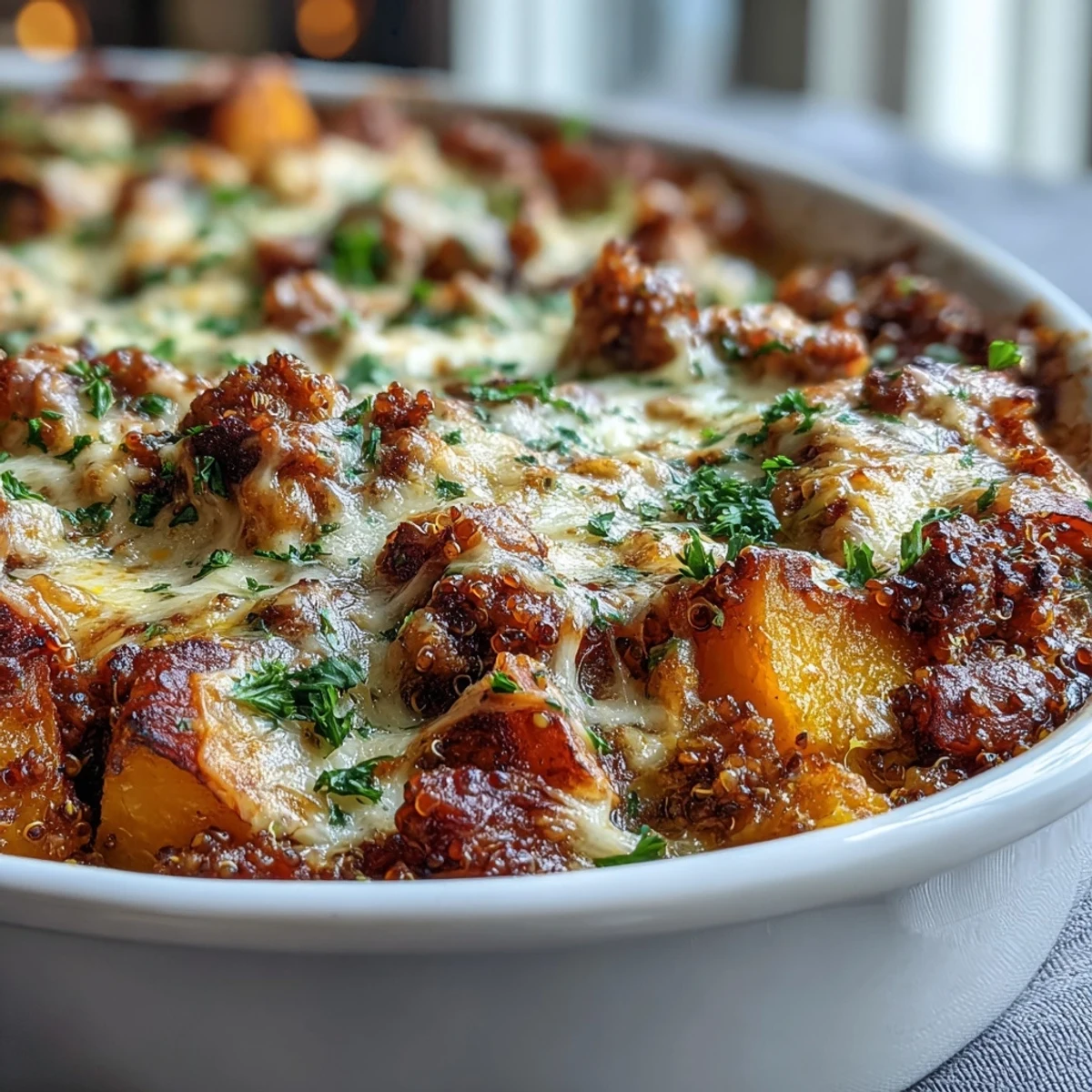 A comforting Cozy Butternut Squash & Sausage Casserole garnished with fresh parsley for a family dinner.