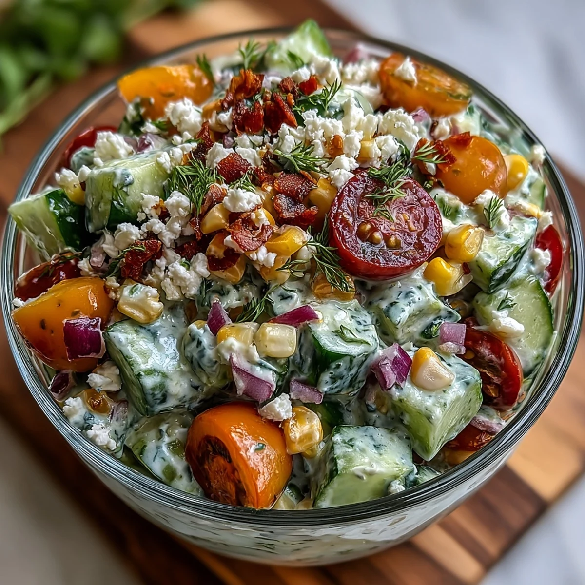 Freshly grilled corn, diced cucumber, and cherry tomatoes tossed in a creamy dressing for a vibrant Street Corn Creamy Cucumber Salad.