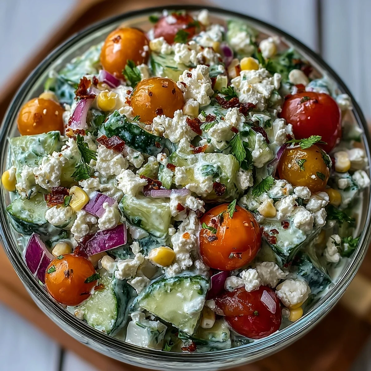 A close-up of the Street Corn Creamy Cucumber Salad showing creamy sauce coating sweet corn and crisp cucumbers.